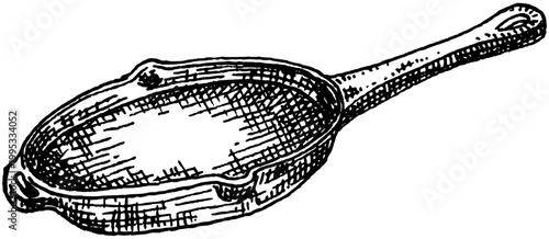 Vintage frying pan top view hand drawn engraving kitchen cookware illustration