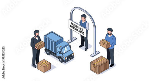Isometric illustration of freight forwarding concept with truck and workers.