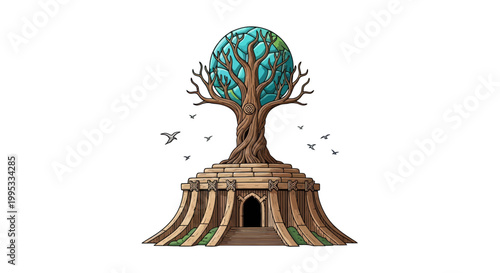 Mystical Earth Tree Structure, Ancient Ruins, Fantasy World Tree with Globe Crown