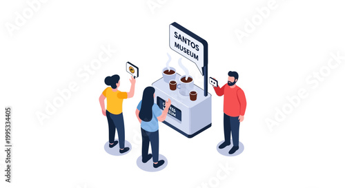 Isometric Illustration of People Interacting with a Museum Exhibit.