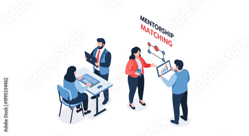 Isometric illustration of business team members in a mentorship matching session.