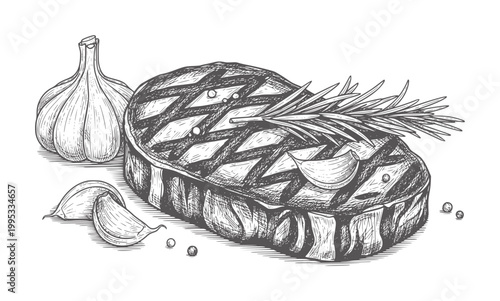 Hand drawn grilled steak with garlic rosemary and peppercorns