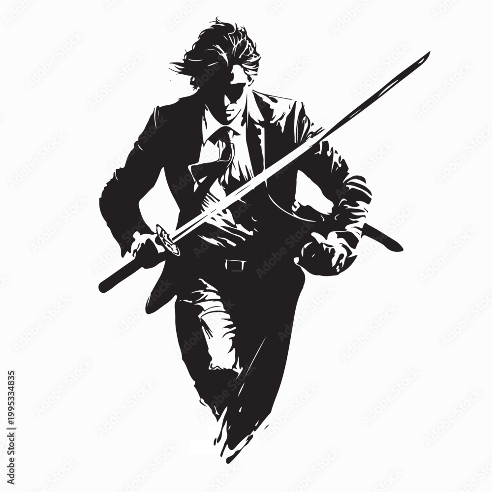 Fototapeta premium Young Man in Suit Running with Sword Silhouette Front View Vector