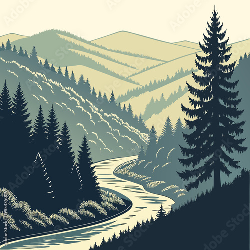 Принти на полотні A serene landscape depicts a winding river flowing through a lush valley framed