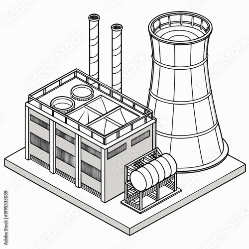 An isometric line drawing depicts an industrial complex featuring cooling towers a building and a cylindrical tank high quality professional detailed modern