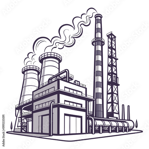 A stylized monochrome illustration depicts a large industrial factory complex with multiple smokestacks emitting plumes of smoke high quality professional detailed modern