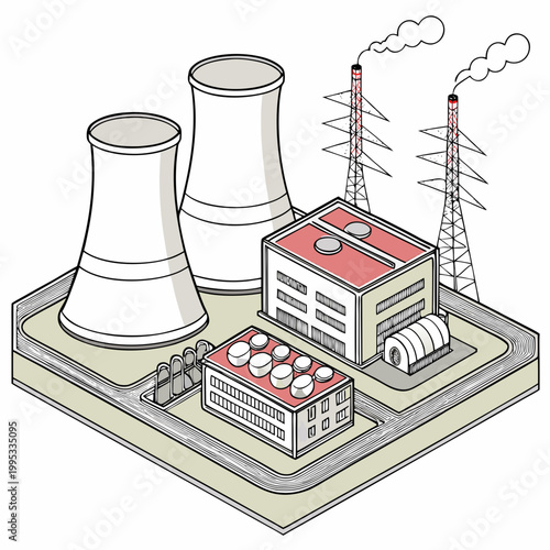 An illustrative depiction showcases a power plant complex featuring cooling towers buildings and electrical transmission infrastructure high quality professional detailed modern elegant