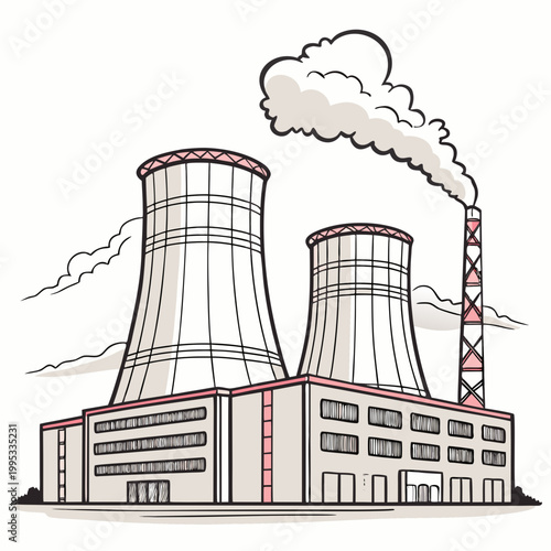 A simplistic illustration depicts a nuclear power plant with two cooling towers emitting steam set against a pale sky high quality professional