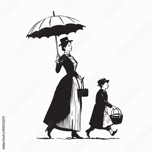 Nanny and Child Walking Together Vintage Style Vector Illustration