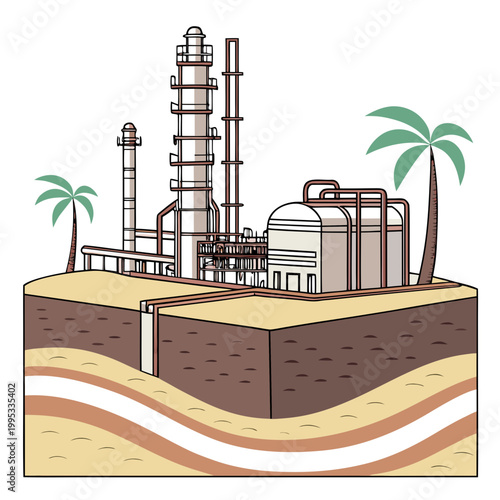A colorful illustration depicts an oil refinery complex situated upon layered geological strata featuring palm trees high quality professional detailed modern elegant
