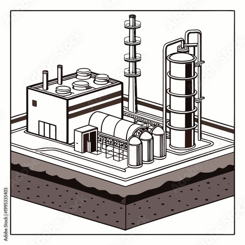 An isometric illustration depicts an industrial complex featuring various cylindrical tanks smokestacks and connecting pipelines situated on land high quality professional detailed