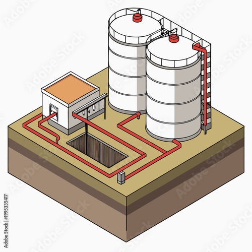 An isometric illustration depicts a wastewater treatment facility with large cylindrical tanks a control building and connecting pipelines high quality professional detailed