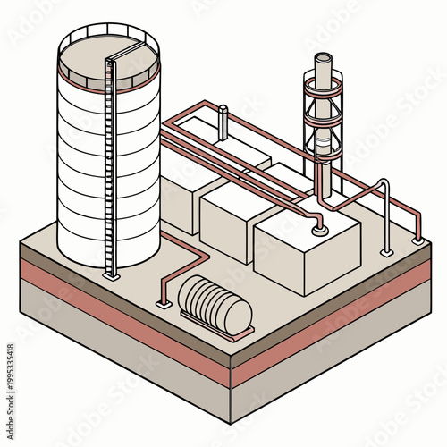 An isometric illustration depicts an industrial complex featuring storage tanks pipelines and processing units against a pale background high quality professional detailed