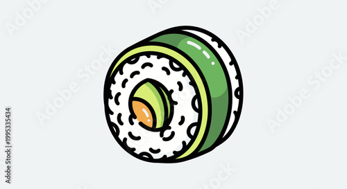 Minimalist cartoon illustration of a delicious sushi roll featuring vibrant green avocado and rice