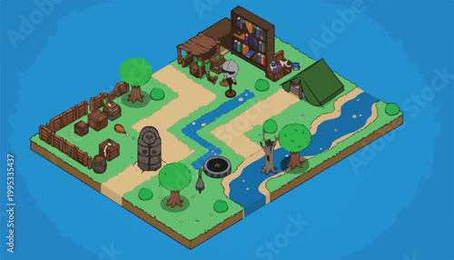 Isometric game level map with forest camp, 2D pixel art style fantasy landscape, adventure game environment with river and tent vector