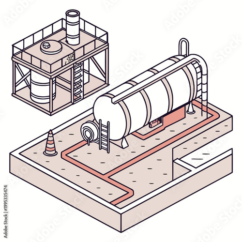 An isometric illustration depicts an industrial complex featuring oil storage tanks pipelines and safety infrastructure high quality professional detailed modern elegant stylish