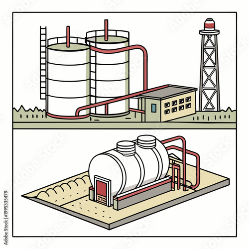This illustration depicts an industrial complex with storage tanks pipelines a small building and a distant cooling tower high quality professional detailed
