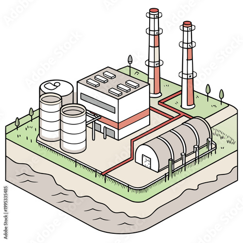 An isometric illustration depicts a stylized industrial complex featuring smokestacks storage tanks and connecting pipelines high quality professional detailed modern elegant stylish