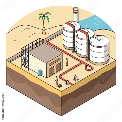 An isometric illustration depicts an oil refinery complex situated in a desert landscape near a body of water high quality professional detailed