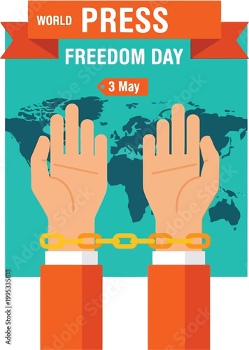 World Press Freedom Day concept, hands chained with chains, with world map background