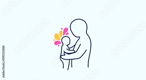 Minimalist outline of a parent embracing a baby surrounded by colorful splashes symbolizing care