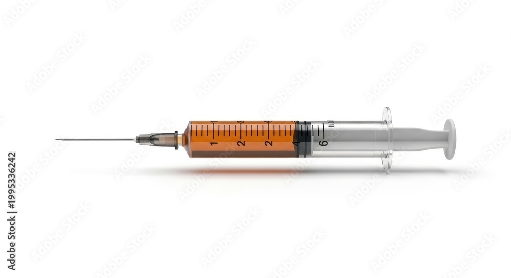 Fototapeta premium A medical syringe filled with orange liquid on a white background