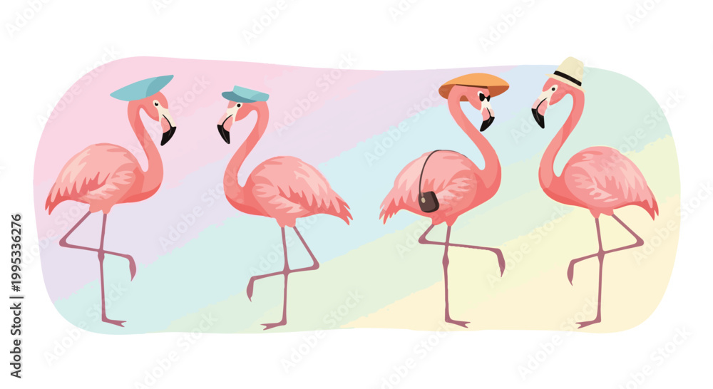 Obraz premium Pink flamingo bird characters wearing summer hats, tropical flamingo vector set with accessories, whimsical exotic birds on pastel rainbow background