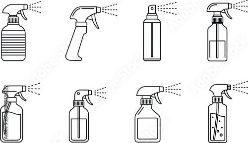 Spray bottle icons set with cleaning disinfectant mist trigger containers minimal outline vector collection household tools design