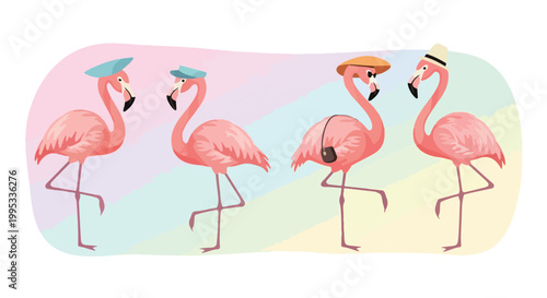 Pink flamingo bird characters wearing summer hats, tropical flamingo vector set with accessories, whimsical exotic birds on pastel rainbow background