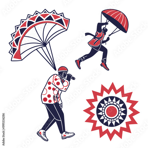 Valokuva A vector graphic illustration of parachuters and a photographer in a modern desi