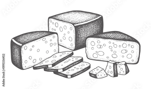 Hand drawn of Swiss cheese blocks and slices food dairy vintage