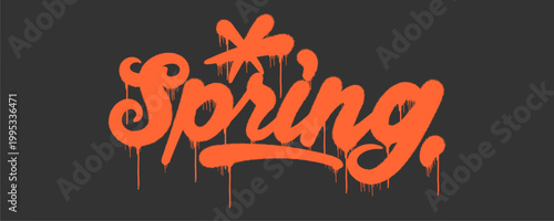 Hand style graffiti tag featuring the word Spring with organic drips. Urban street art representing the season of bloom, renewal, and fresh green nature landscapes.
