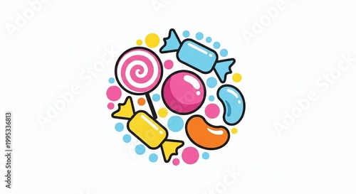 colorful candy and lollipop collection in circular arrangement on white background