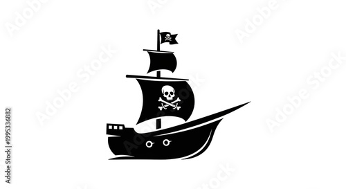 pirate ship silhouette with jolly roger flag on white background