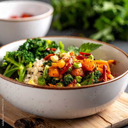 Delicious Vegetable Stir Fry in Ceramic Bowl.