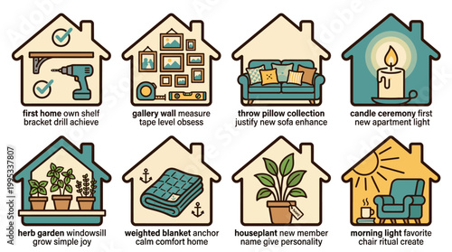 Minimalist flat vector icons representing new home milestones, interior decor, and homeownership achievement concepts.