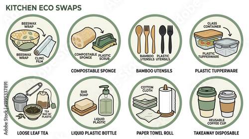 Infographic illustration of kitchen eco swaps for sustainable living and zero waste household habits