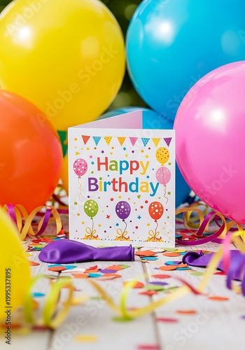 Colorful Balloons & Birthday Card on Table