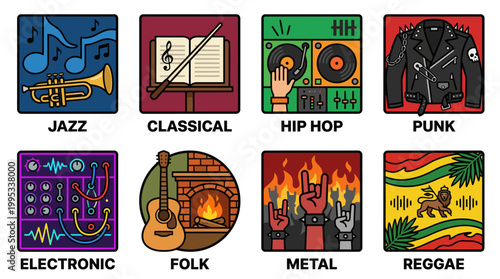 Colorful music genre icon set featuring jazz classical hip hop punk electronic folk metal reggae