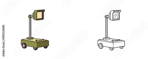 Optical headlight beam tester illustrations in flat green and black line style represents automotive diagnostic equipment for light alignment on white background