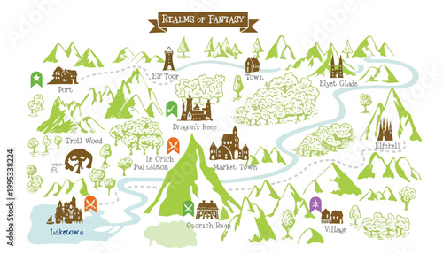 Fantasy map of magical realms, vintage adventure world map with mountains and rivers, medieval kingdom landscape vector for gaming and storytelling