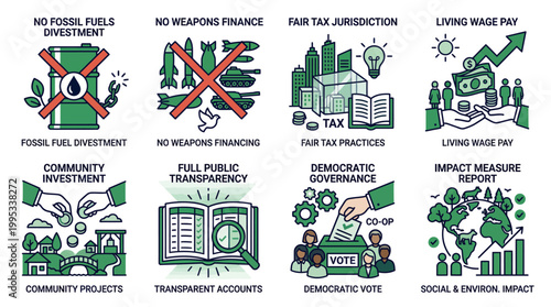 ESG Sustainable Business Practices Icons for Ethical Finance Social Responsibility and Impact Reporting