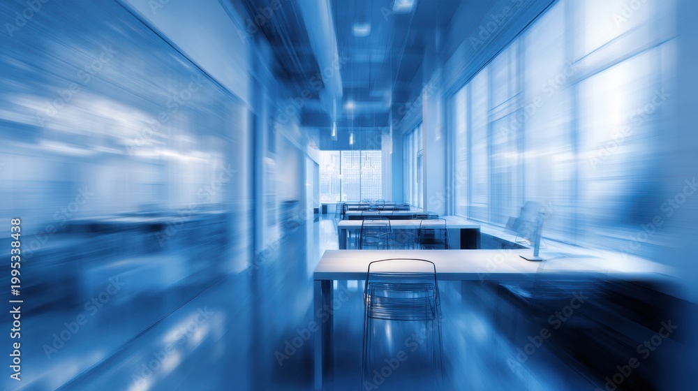 Fototapeta premium Office interior: Modern office space, rendered in cool blue hues, showcases sleek, uncluttered desks bathed in natural light, evoking a sense of tranquility and contemporary design.