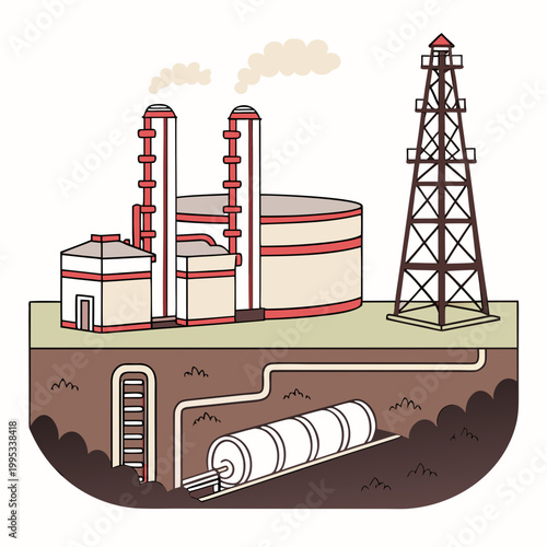 An illustrated depiction showcases an oil refinery complex with prominent towers storage tanks and pipelines suggesting industrial processes high quality professional detailed