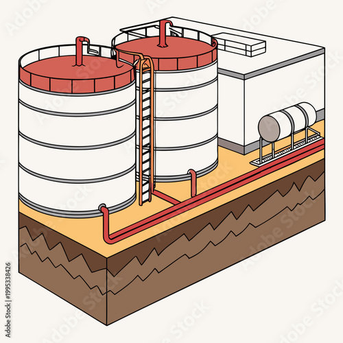 An illustrative depiction showcases large cylindrical red and white storage tanks complete with ladders and connecting pipelines on a brown base