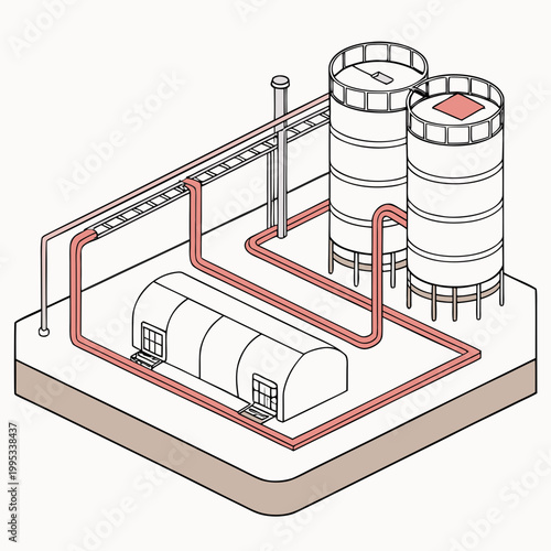 An isometric illustration depicts an industrial facility featuring large cylindrical storage tanks connected by a network of red pipelines high quality professional