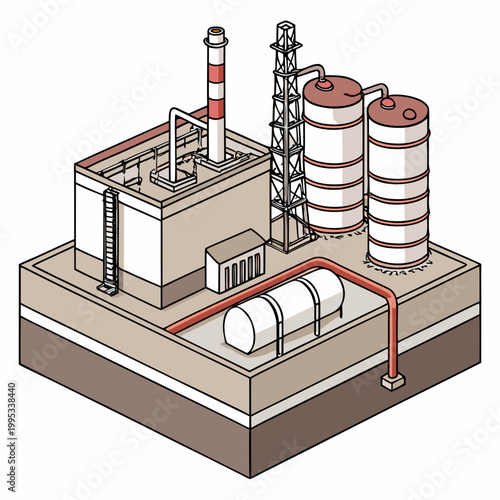 An isometric illustration depicts an industrial complex featuring smokestacks cylindrical tanks and interconnecting pipelines conveying a sense of scale high quality professional