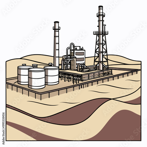 An illustrative depiction showcases an industrial complex featuring storage tanks towers and connecting pipelines in a desert landscape high quality professional detailed