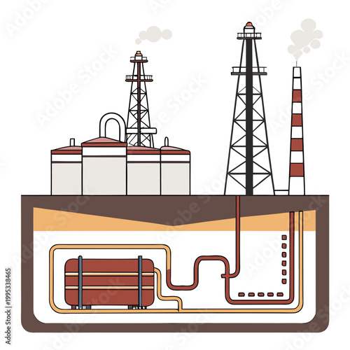 An illustrative diagram depicts an oil and gas industrial complex showcasing storage tanks drilling rigs and underground pipelines high quality professional detailed