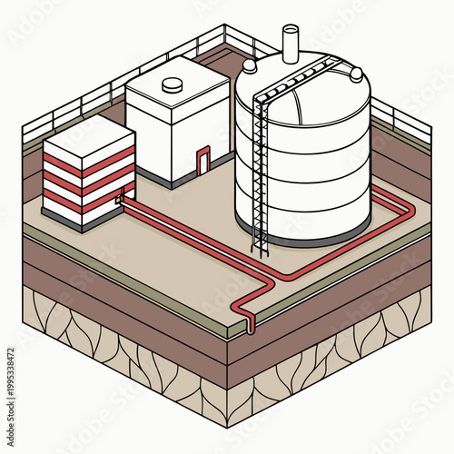 An isometric illustration depicts an industrial complex featuring storage tanks pipelines and structures rendered in a simplified diagrammatic style high quality professional